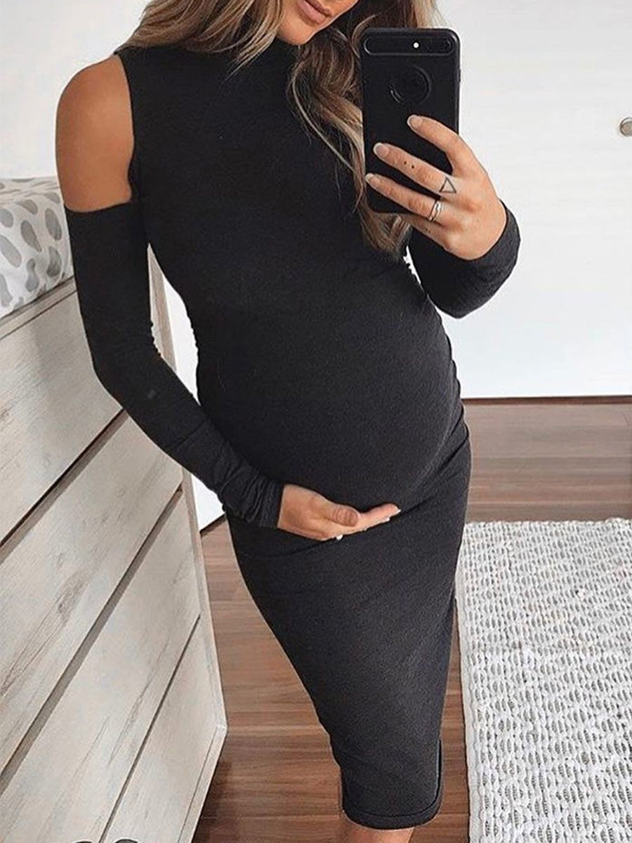 Maternity Cold Shoulder Long Sleeve Bodycon Dress - dianjiang-