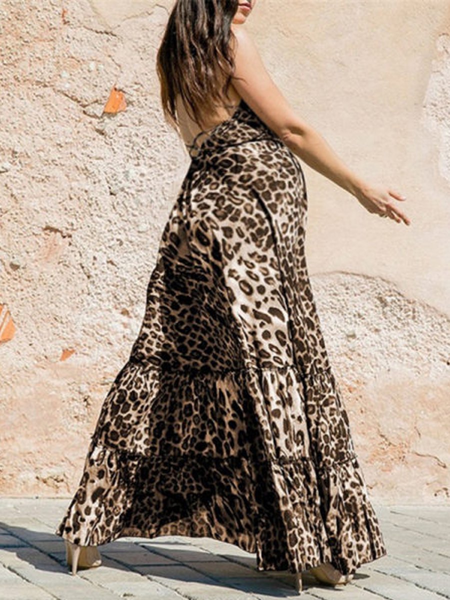 Maternity V-Neck Leopard Printed Slip Maxi Dress - dianjiang-