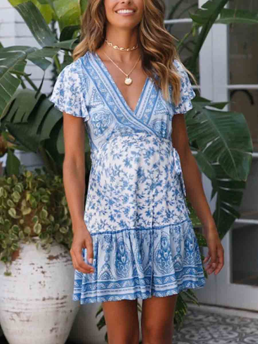 Maternity Printed V-Neck Short Sleeve Dress - dianjiang-