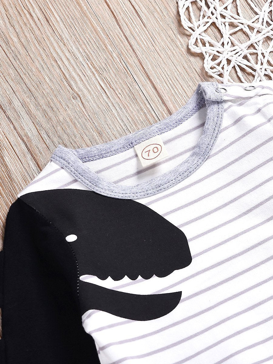 Round Neck Striped Dinosaur Printed Long-sleeved Baby Romper - dianjiang-