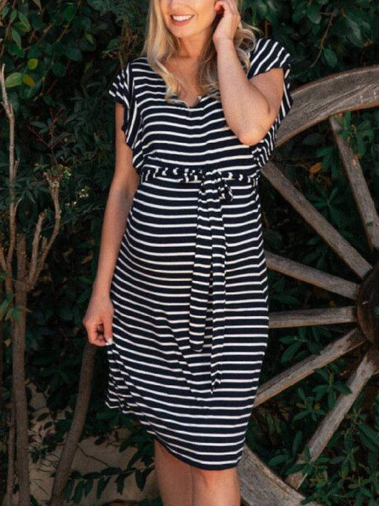 Maternity Knitted Striped V-Neck Midi Dress - dianjiang-