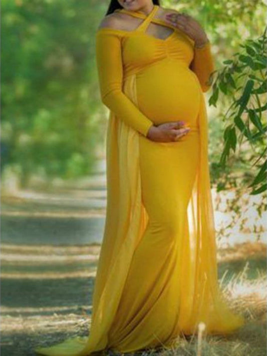 Maternity Sweet Halter Neck Yellow Long Sleeve Off Shoulder Dress - dianjiang-