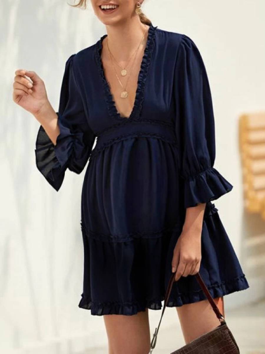 Maternity Deep V-Neck Loose Waist Dress - dianjiang-