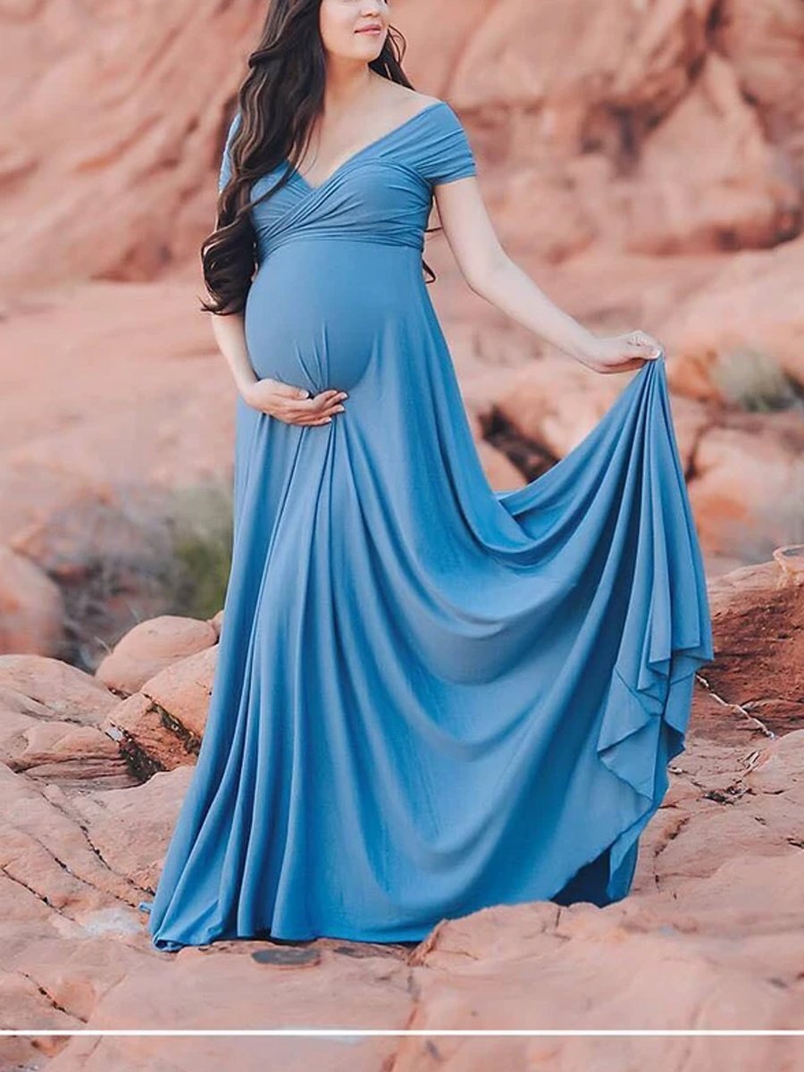 Maternity Shoot Chiffon Fashion Elegant Blue Gown - dianjiang-