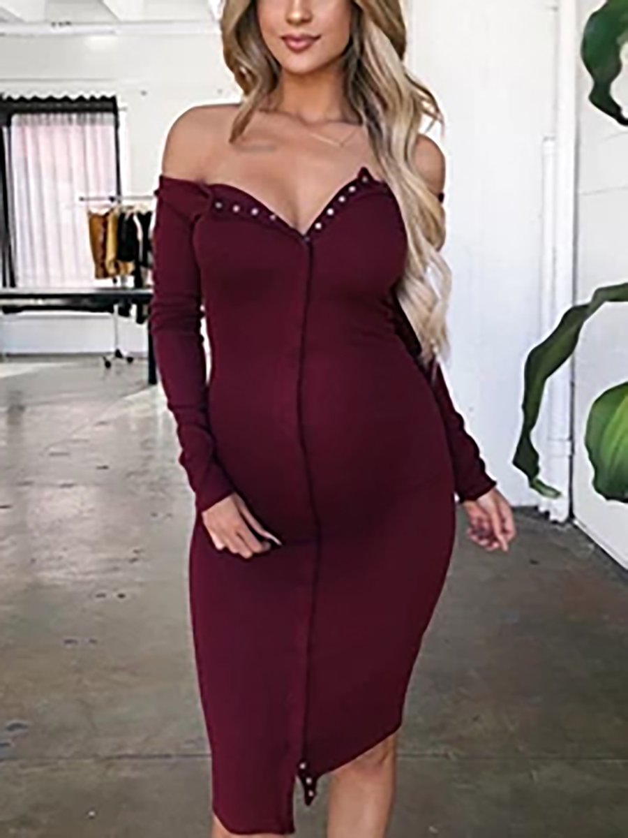 Maternity Pure Color Long Sleeve Dress - dianjiang-