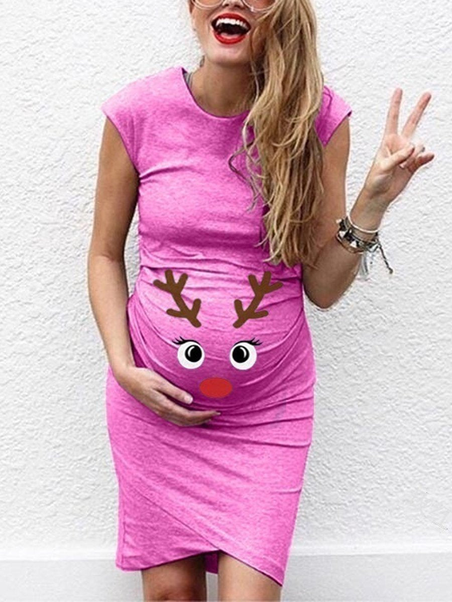 Maternity Elk Print Sleeveless Round Neck Dress - dianjiang-