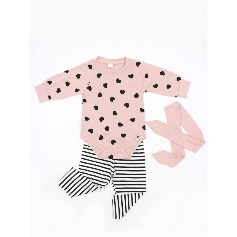 Baby Girls Bodysuit Clothing Outfits Set Love Heart Bodysuit+Striped Pants+Pink Bowknot Headband - dianjiang-