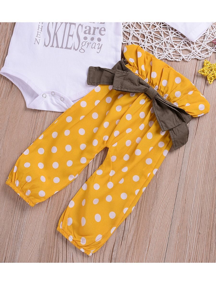 3-piece Stylish Outfits Letters Print Bodysuit + Bow Polka Dots Pants +Headband - dianjiang-