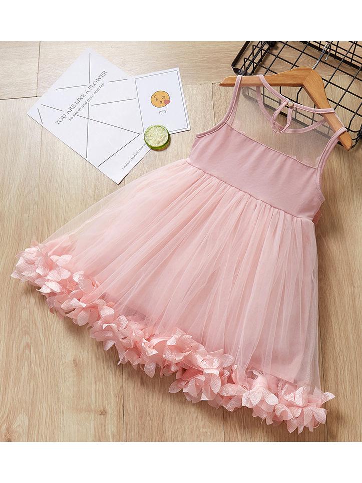 Flower Trim Mesh Girl Dress White/Pink Color - dianjiang-