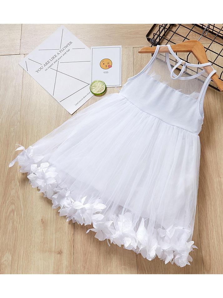 Flower Trim Mesh Girl Dress White/Pink Color - dianjiang-